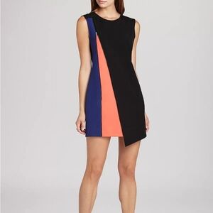 BCBGMaxAzria Blue Black Orange Nikole Asymmetrical Zip Sheath Dress - Size 08